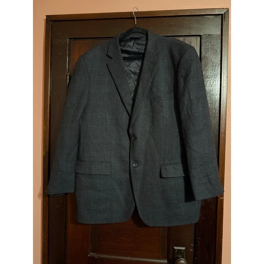 Joseph & Feiss Gold Luxury Wool Blazer Mens 46R Navy Plaid Sport Coat